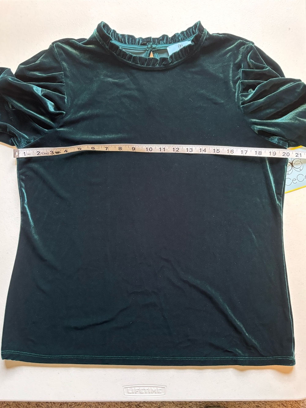 NWT CeCe Velvet Puff Sleeve Blouse - Teal sz L - Picture 11 of 11